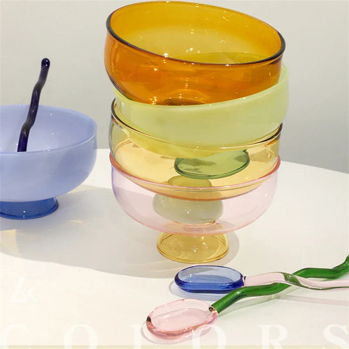 Rynx | Stained Glass Transparent Tapestry Bowls Spoon Set High Borosilicate Glass Bowl Fruit Salad Dessert Bowls Tableware
