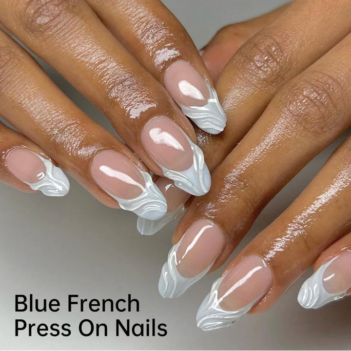 Rynx | 3D Water Wave Brown French Almond Shape Artificial Nails Fashion Easy Removable Finished Stick-On Fingernails with Glue