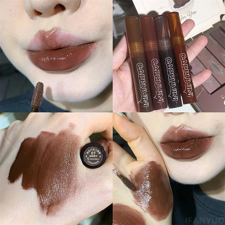 Rynx | Chocolate lip gloss long-lasting moisturizing dark brown lip lacquer transparent glass mirror water liquid lipstick clear makeup