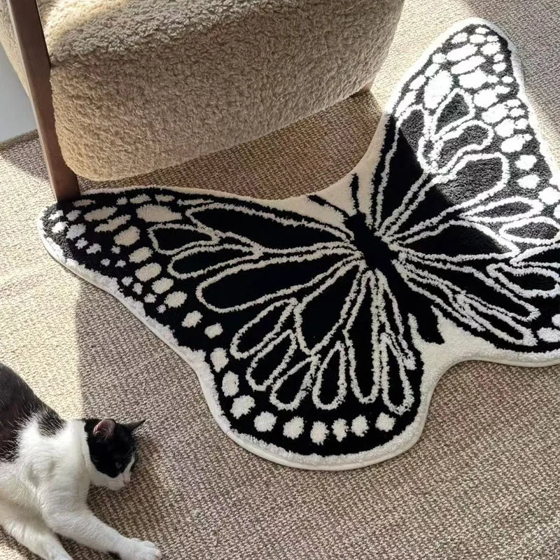 Rynx | Black White Tufting Butterfly Bedroom Rug Living Room Floor Mat Nightstand Mat Aesthetic Home Children's Room Nursery Decor