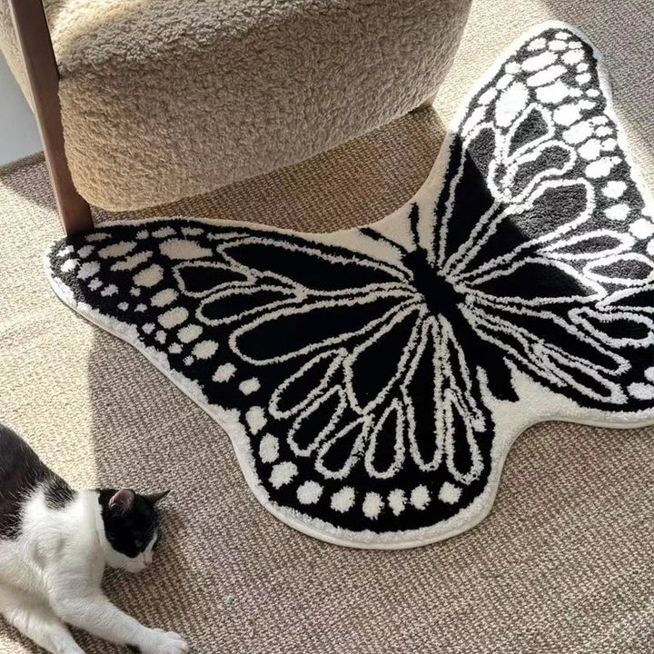 Rynx | Black White Tufting Butterfly Bedroom Rug Living Room Floor Mat Nightstand Mat Aesthetic Home Children's Room Nursery Decor