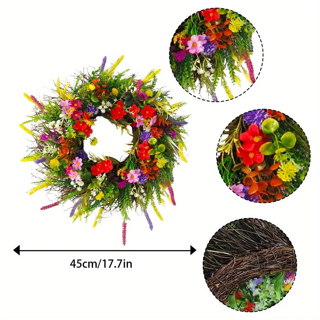 Rynx | Wildflower Wreath Spring Summer Wreath Front Door Artificial Flower Wreath Farmhouse Decor Fresh Green Plant Eternal Flower