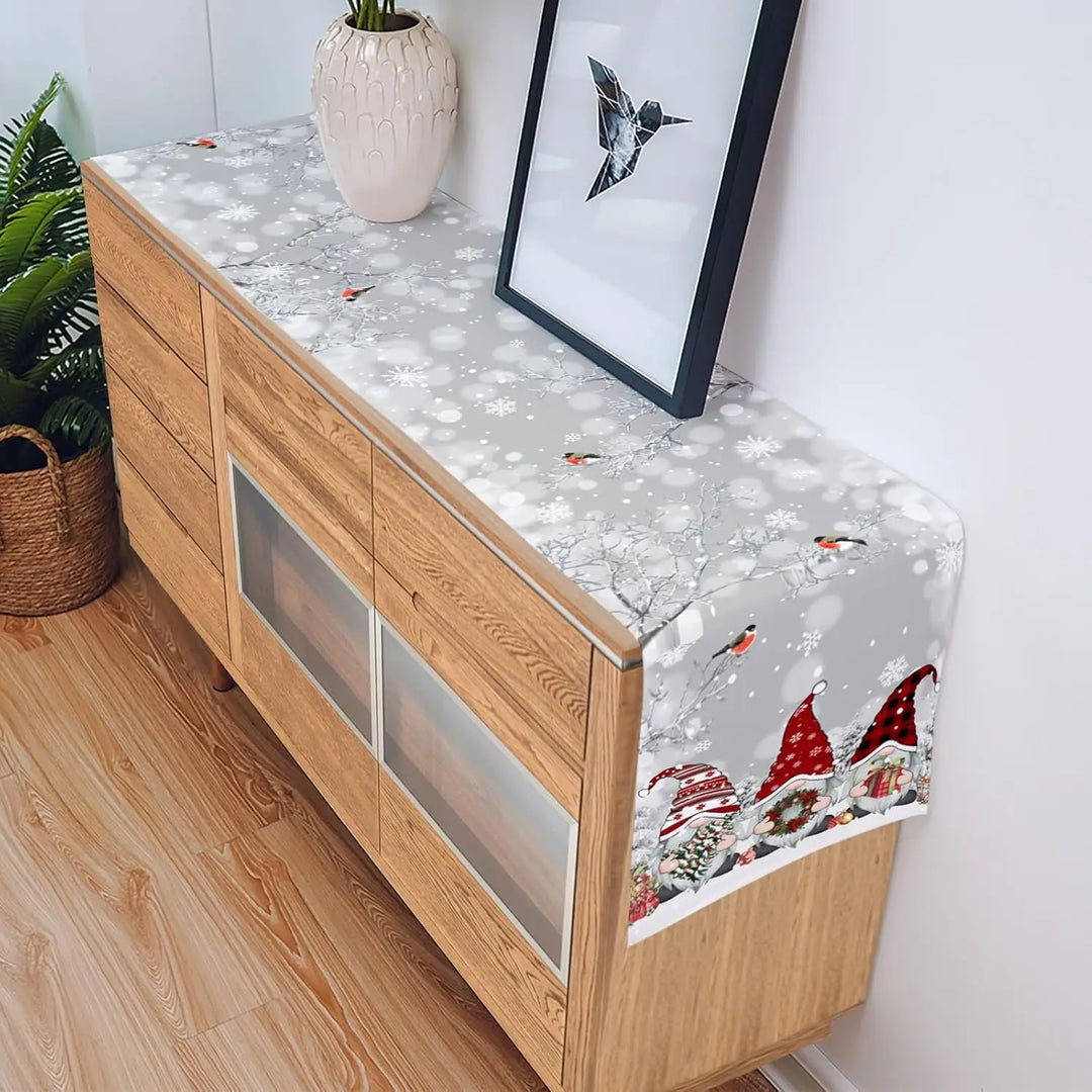Lisslune | SnowGnome Christmas Table Runner – Luxe Linen Table Runner with Snowflake and Gnome Design