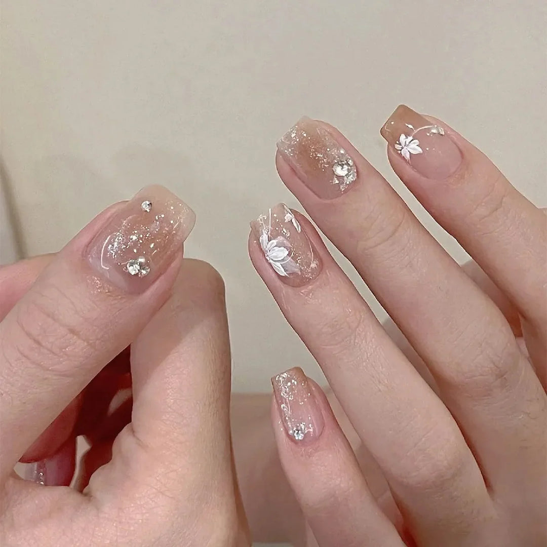 Rynx | Striped plaid pattern Pink flower nail art Simple fashion Spring artificial nails Removable ready-made fingernails press-on nails with glue