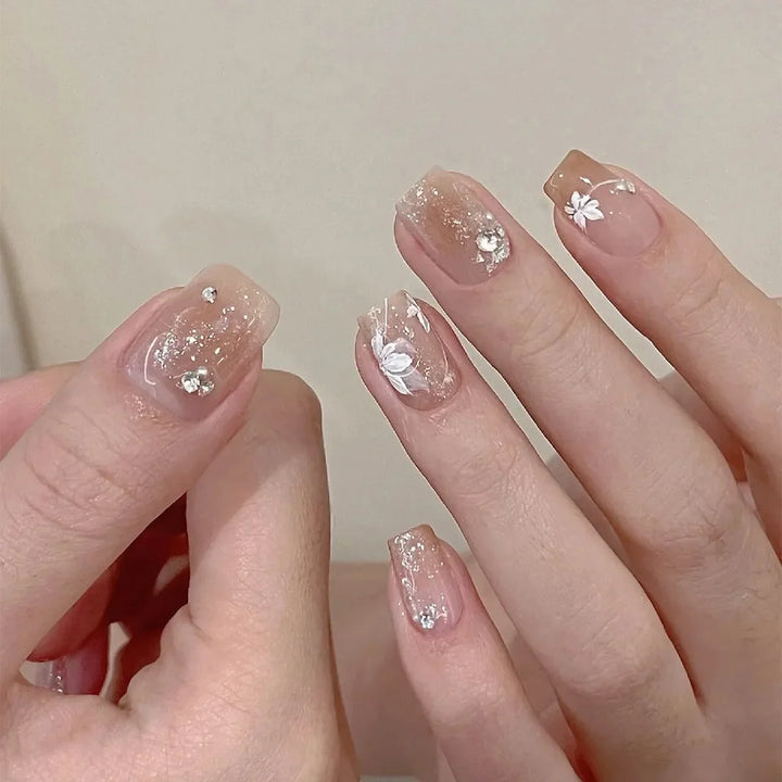 Rynx | Striped plaid pattern Pink flower nail art Simple fashion Spring artificial nails Removable ready-made fingernails press-on nails with glue