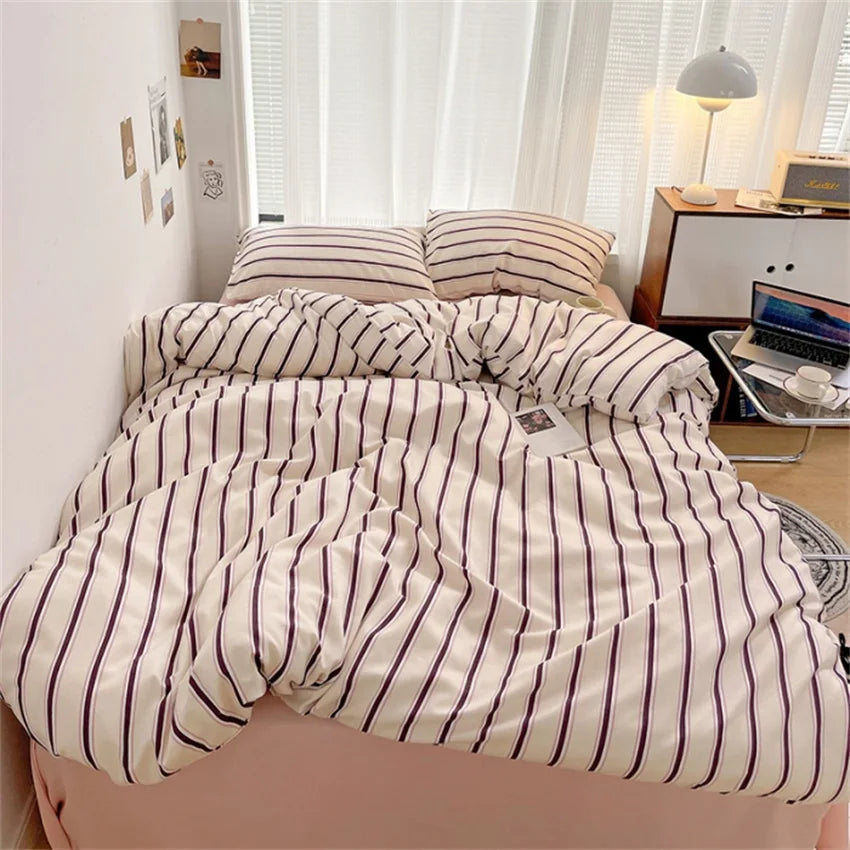 Rynx | Pure Cotton Home Textiles Blue Striped Bedding Set Simple Soft Duvet Cover Sheets Pillowcase In Style Bedding Queen King Size