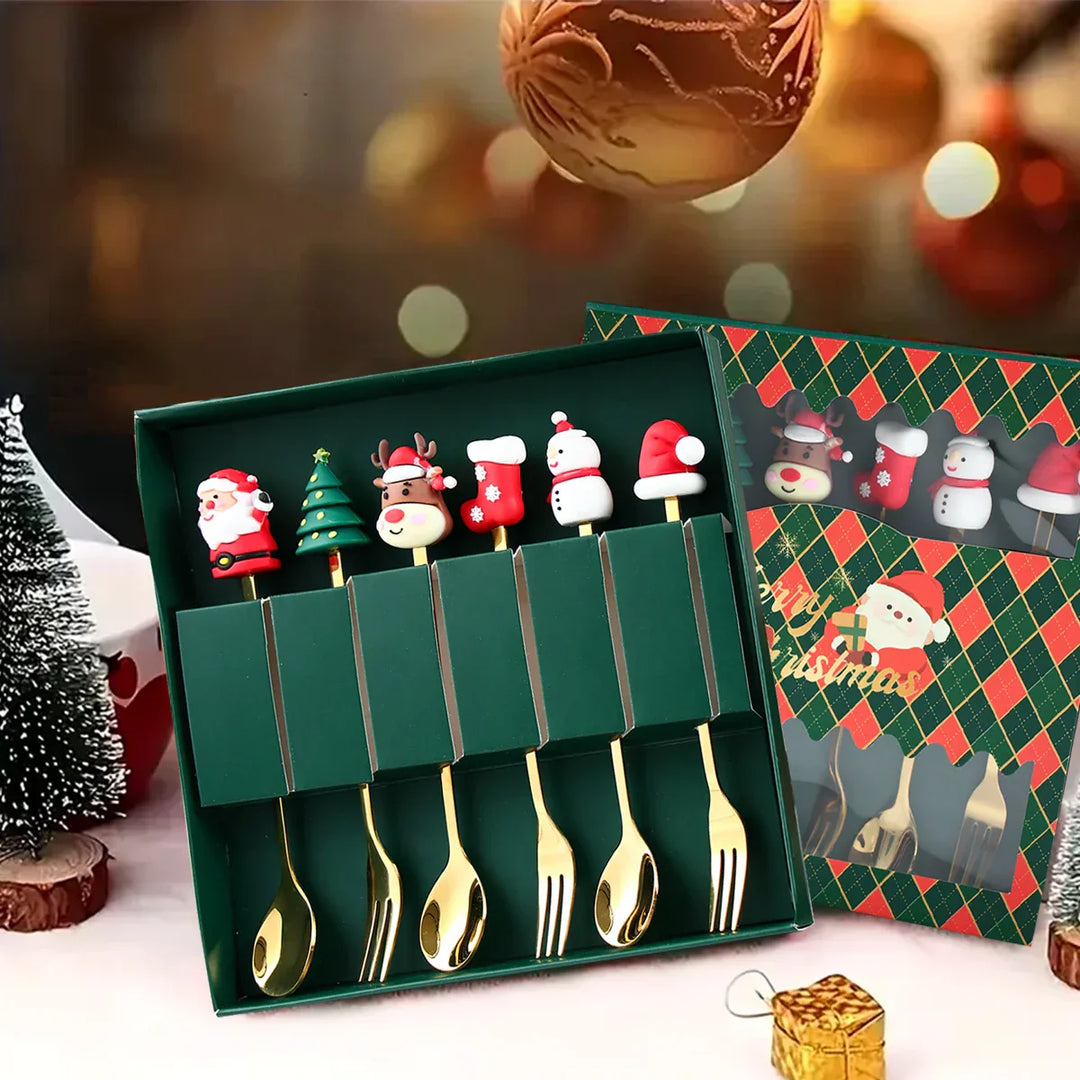 Lisslune | GoldParty Christmas Cutlery Set – Luxury Gold Spoon and Fork with Santa Claus Design