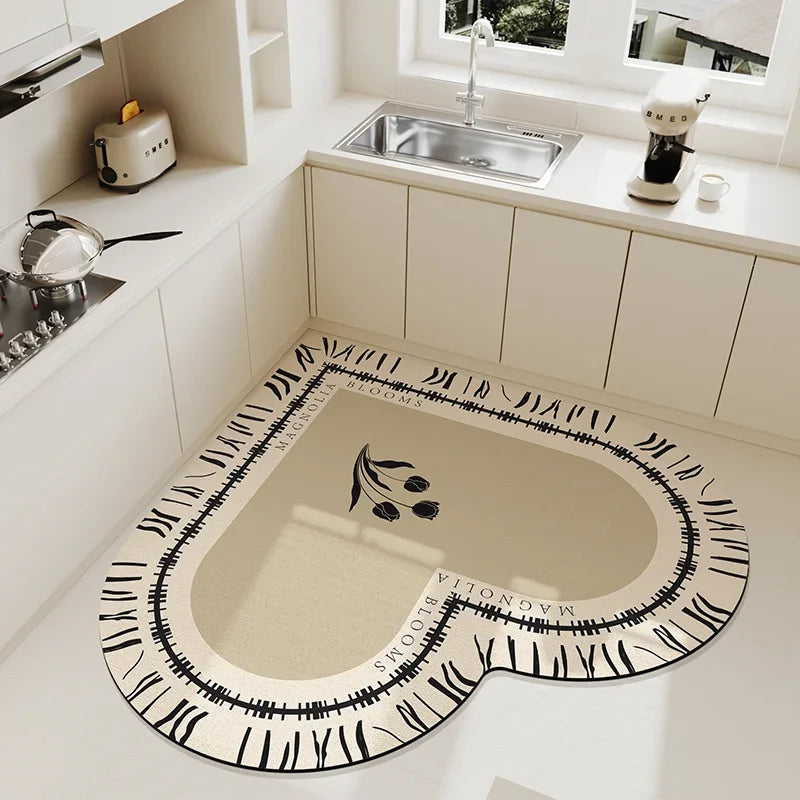Rynx | Beige Cream Style Heart Pattern Kitchen Mat Irregular Water Absorbent Decorative Mat Easy to Clean Cuttable PVC Carpet