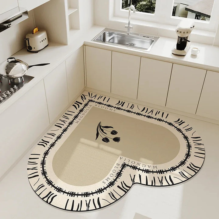 Rynx | Beige Cream Style Heart Pattern Kitchen Mat Irregular Water Absorbent Decorative Mat Easy to Clean Cuttable PVC Carpet