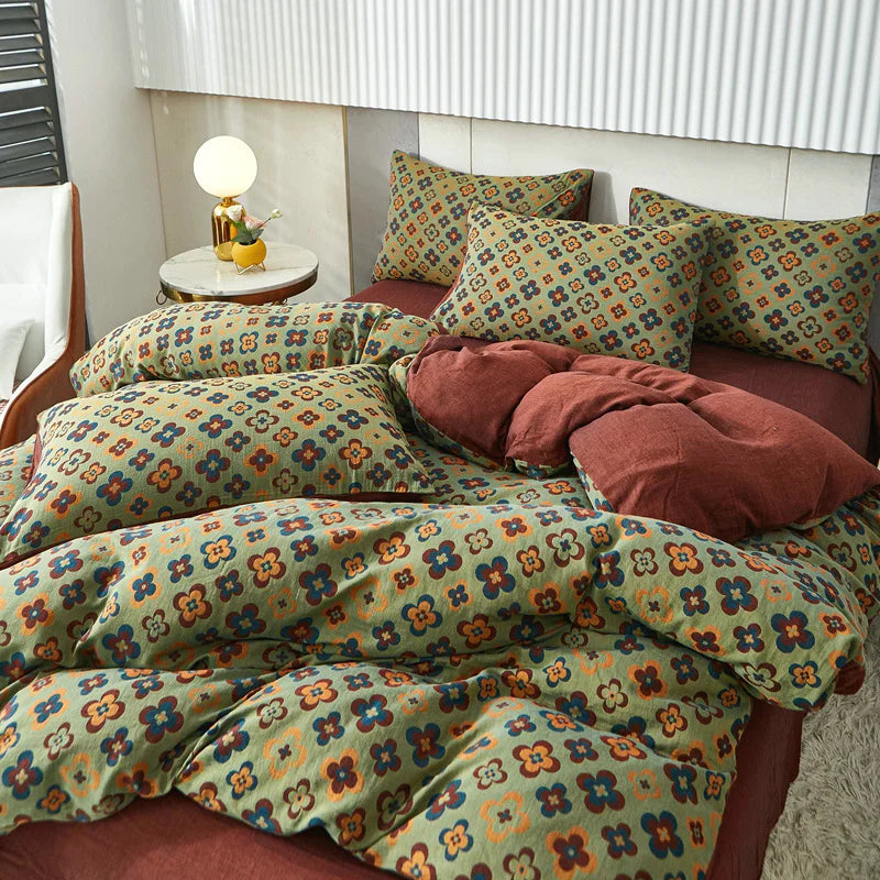 Rynx | Cotton Soft Bedding Set Striped Print Duvet Cover with Pillowcase Flower Duvet Pillowcases Sets