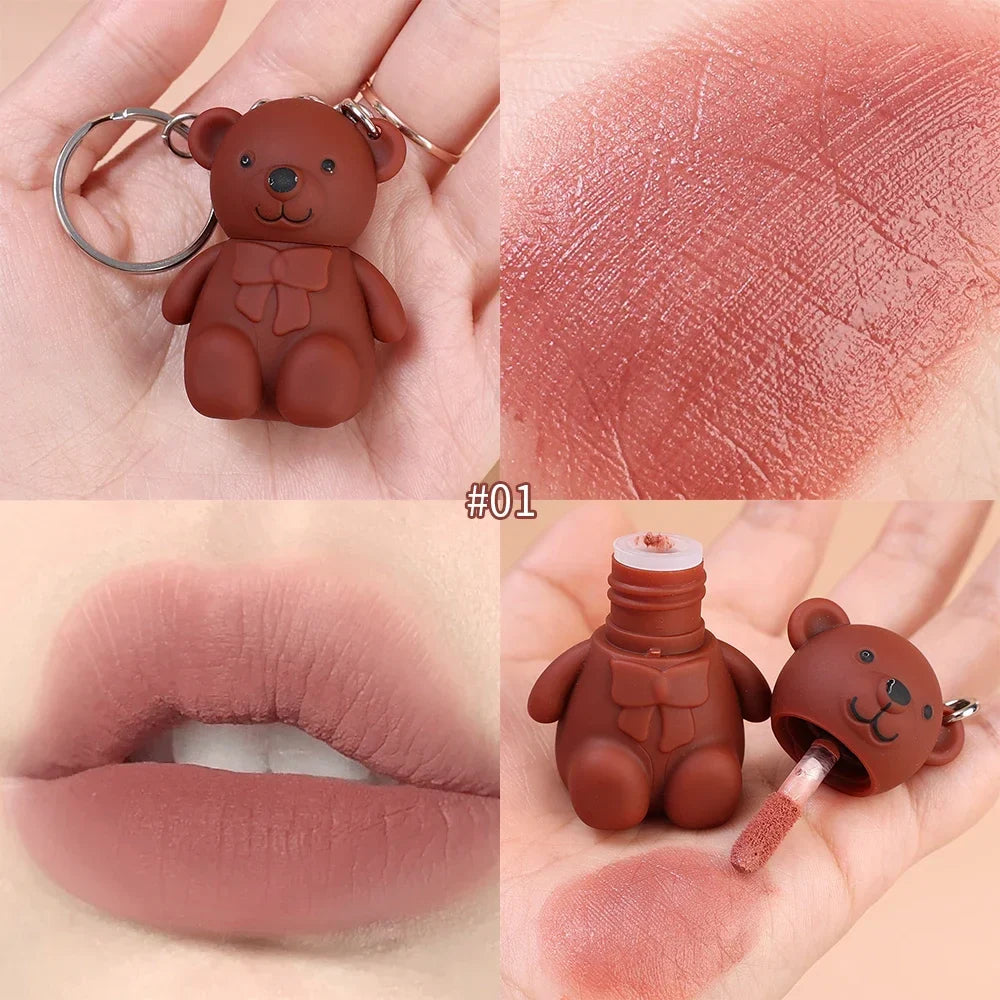 Rynx | Cute White Bear Keychain Glass Mirror Lipstick 6 Colors Sexy Jelly Red Liquid Lipsticks Waterproof Long-lasting Lip Lacquer Cosmetics