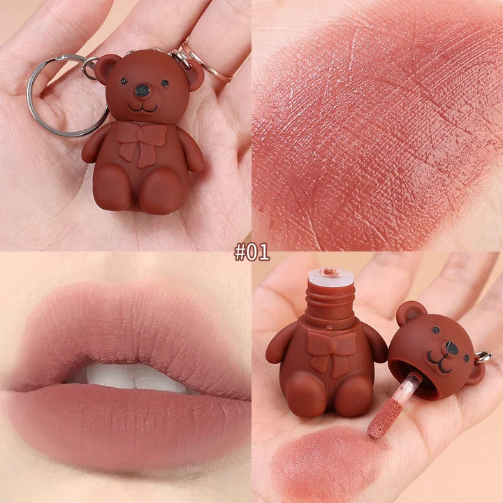 Rynx | Cute White Bear Keychain Glass Mirror Lipstick 6 Colors Sexy Jelly Red Liquid Lipsticks Waterproof Long-lasting Lip Lacquer Cosmetics