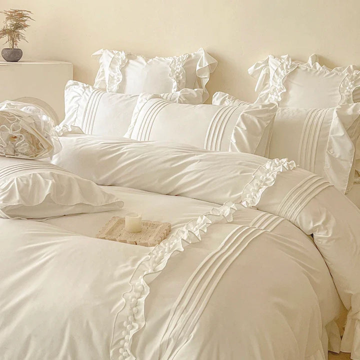 Rynx | Korean Princess Style Lace Ruffle Bedding Set Solid Color Duvet Cover Set Flat/Fitted Sheet Pillowcases with Pillow Covers