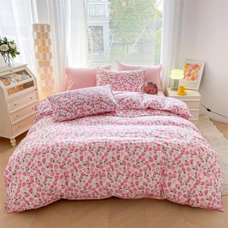Lisslune | Ins Washed Double-Layer Garn Shell Stickerei Vier-Teiliges Bett Spannbettlaken