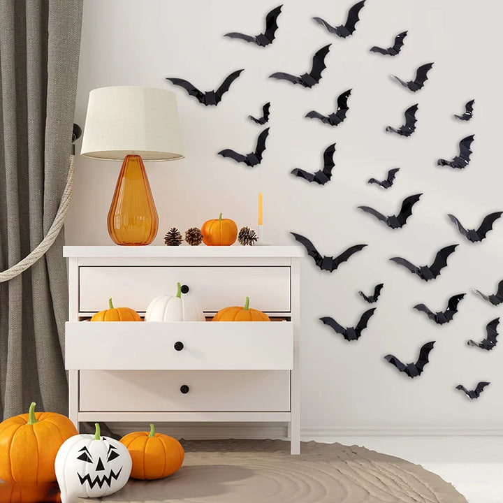 Rynx | 16 Pieces Halloween 3D Black Bat Wall Stickers Removable Halloween DIY Wall Decoration Halloween Party Decoration Horror Bat Stickers