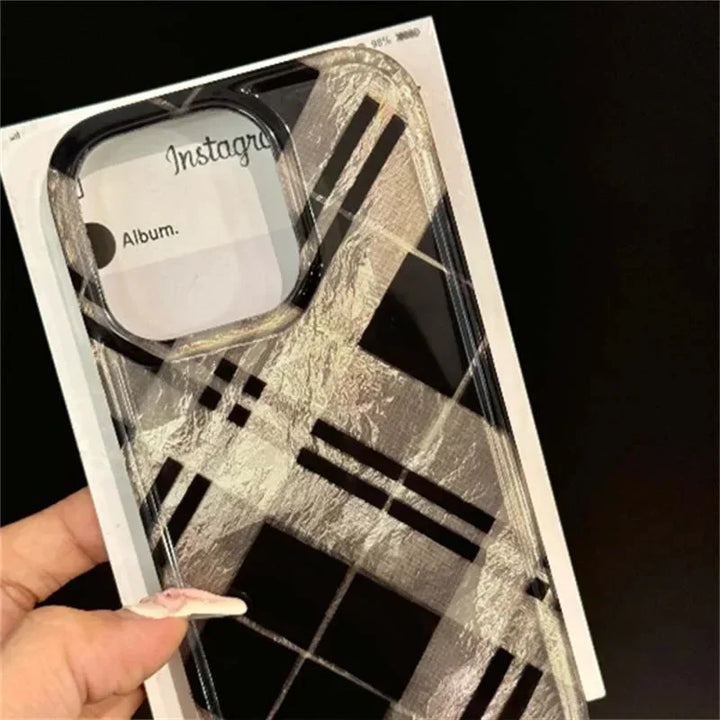 Lisslune | Für iPhone 16 Pro Max Hülle Retro Schwarz Gold Diamantgitter Muster Hülle Für iPhone Hülle 16 15 14 13 12 11 XR XS Max 7 8 Plus Cover