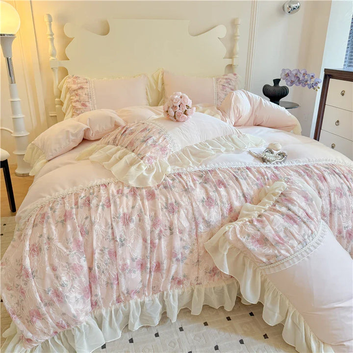 Rynx | Flower Lace Ruffle Princess Wedding Bedding Set Full Queen King Duvet Cover Bed Skirt/Bed Sheet/Fitted Sheet Pillowcases 4 Pieces