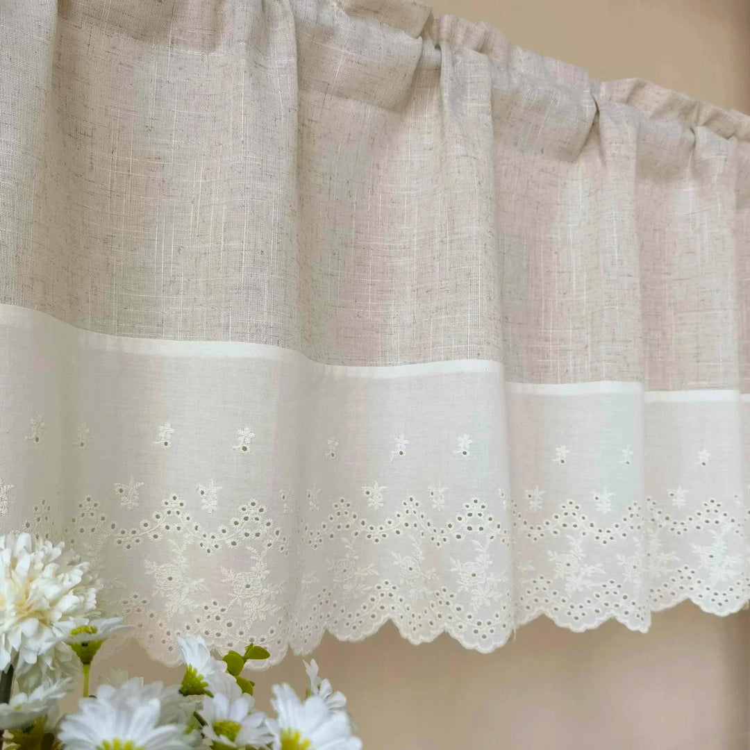 Rynx | Beige Splicing Short Curtains Valance For Kitchen Café Barrier Natural Linen Mixed Semi-Transparent Small Half Curtain Voile