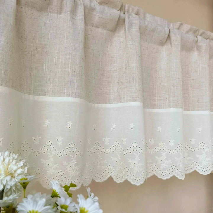 Rynx | Beige Splicing Short Curtains Valance For Kitchen Café Barrier Natural Linen Mixed Semi-Transparent Small Half Curtain Voile