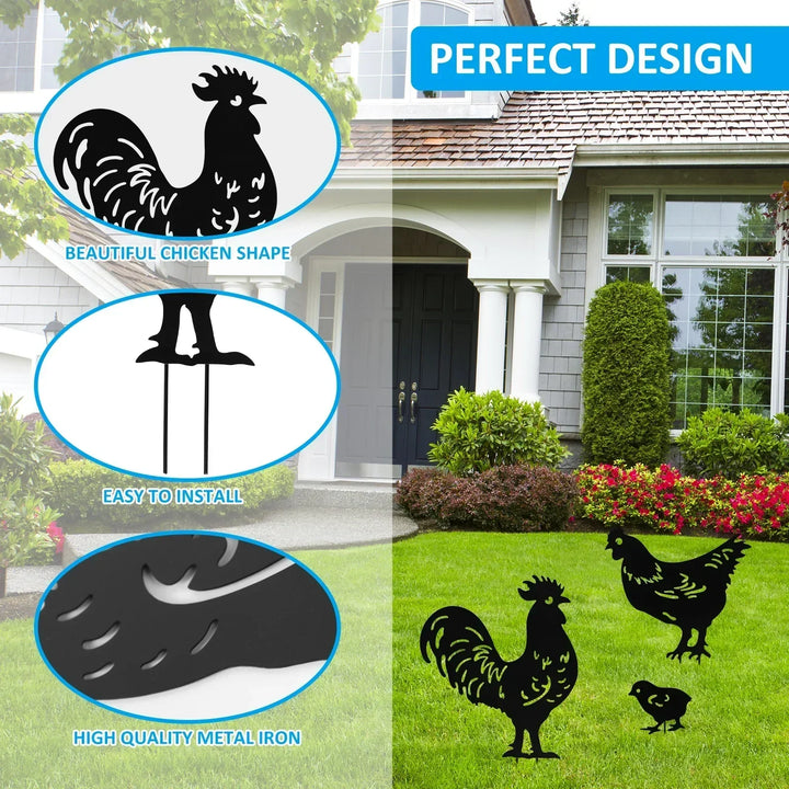 Rynx | 3/9Pcs Chicken Garden Stakes Metal Chicken Decoration Creative Rooster Silhouette Lawn Stake Decorative for Outdoor Terrace Lawn