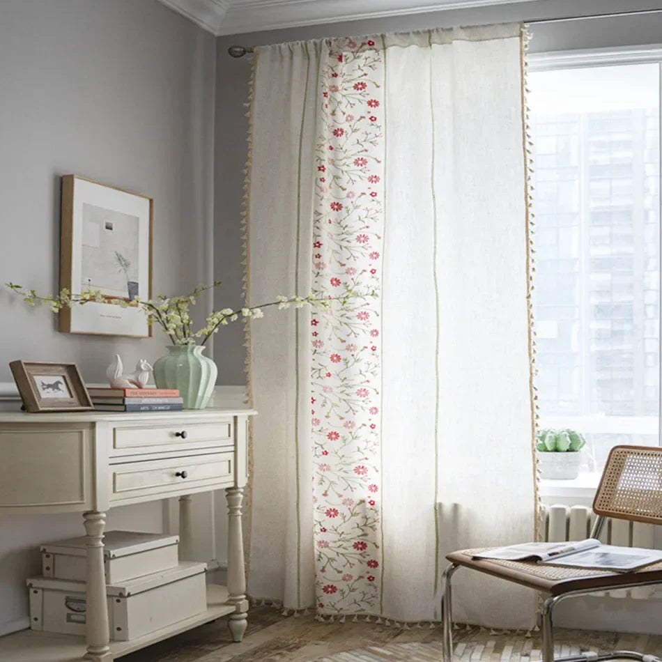 Rynx Cotton-Linen Embroidery Curtains Street Bags Shadow Curtain Tassel for Kitchen Bedroom Living Room Bay Window Closet Curtain