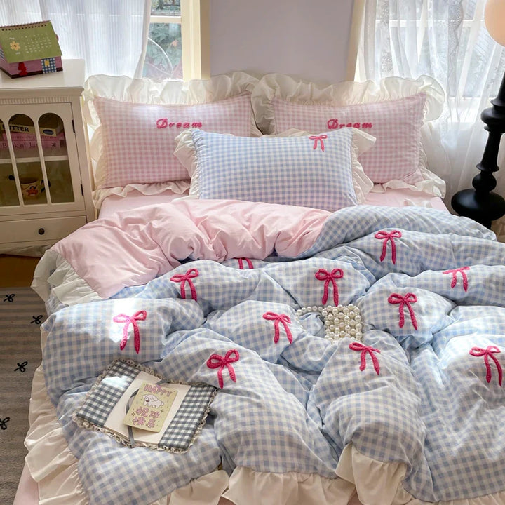 Lisslune | Prinzessinnen Bettwäsche Set Spitze Schleife Rosa Karomuster 4-teilig Bettdecke Bezug Blatt und Kissenbezug Soft Romantisch Für Mädchen