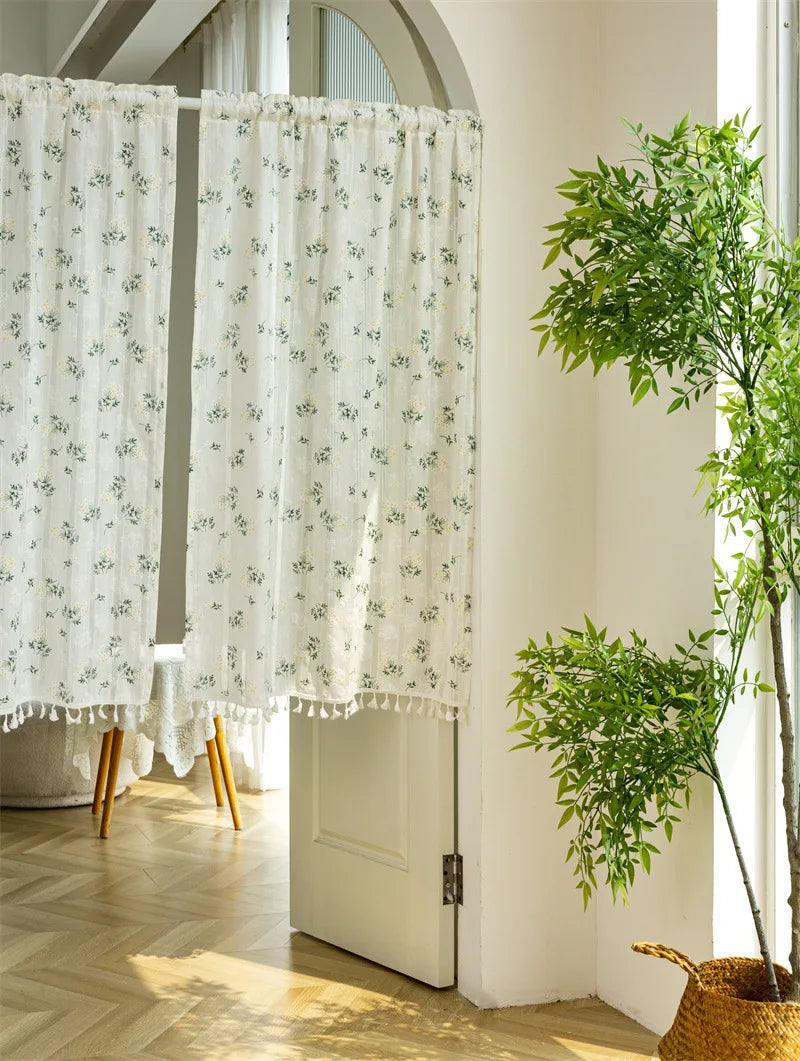 Rynx | Korean Cotton Daisy Curtains Road Pocket Shade Curtain Floral Tassels for Kitchen Bedroom Living Room Windowsill Wardrobe Curtain