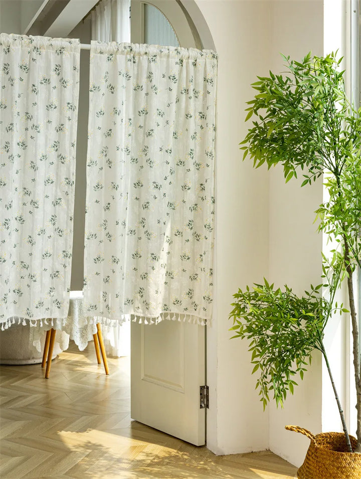 Rynx | Korean Cotton Daisy Curtains Road Pocket Shade Curtain Floral Tassels for Kitchen Bedroom Living Room Windowsill Wardrobe Curtain