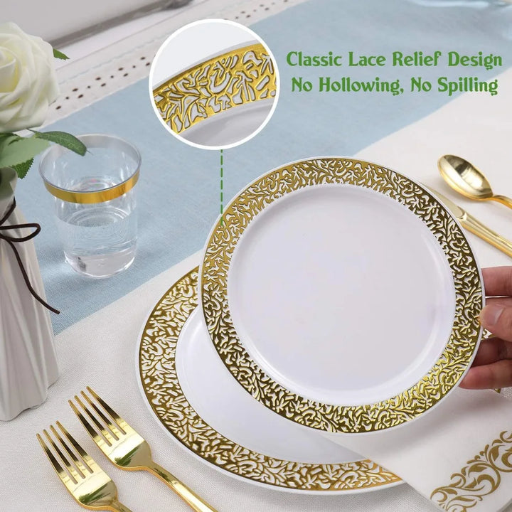 Lisslune | 350pcs Disposable Gold Lace Dinnerware Set for 50 Guests