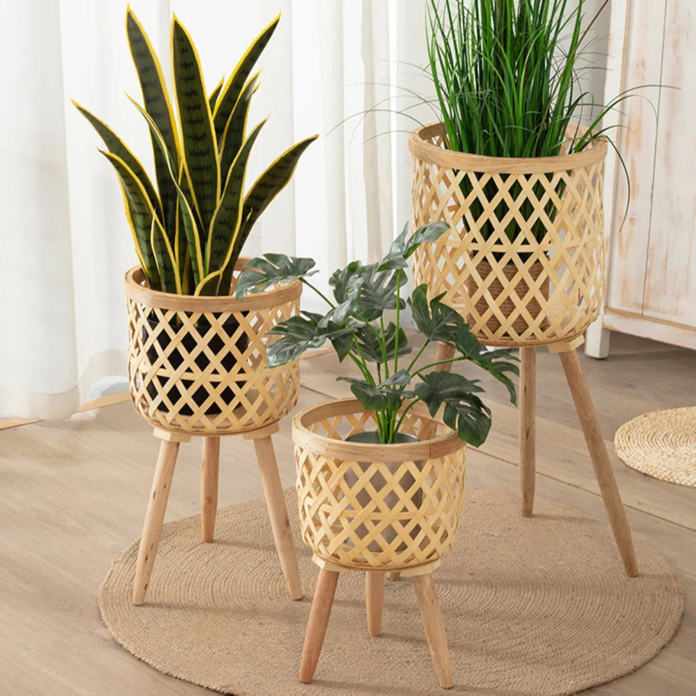 Lisslune | Handcrafted Bamboo Woven Flower Pot with Stand Plant Flower Display Storage Stand DIY Storage Children's Plant Pots Home Decor
