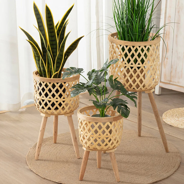 Lisslune | Handcrafted Bamboo Woven Flower Pot with Stand Plant Flower Display Storage Stand DIY Storage Children's Plant Pots Home Decor