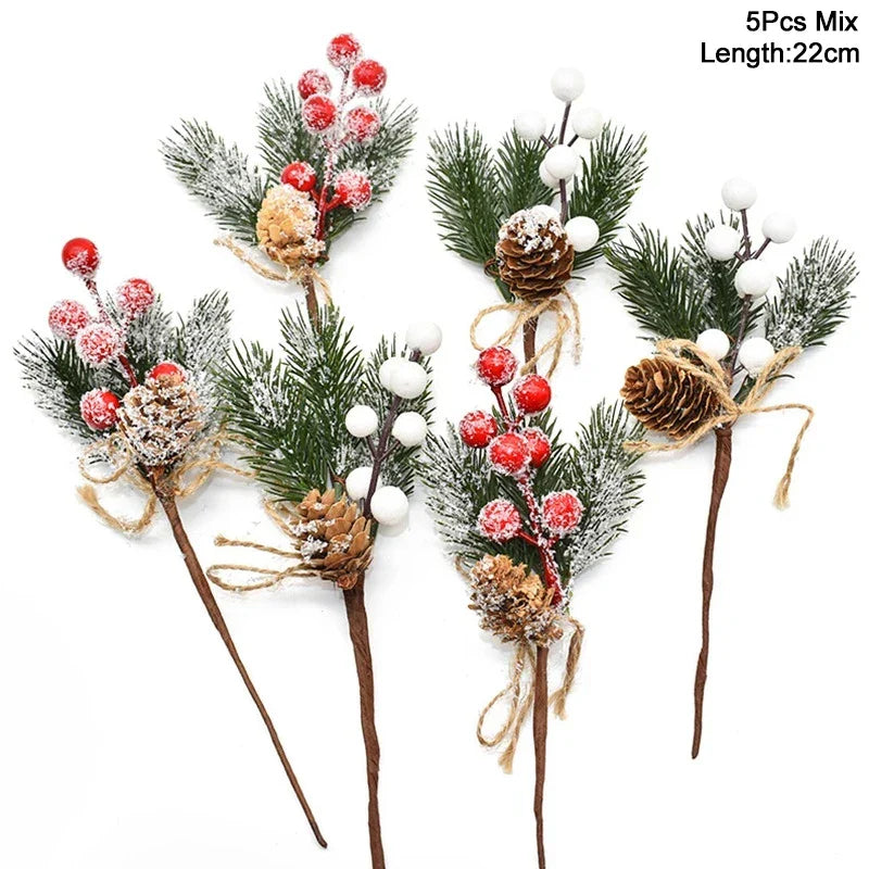 Rynx 5 Piece Christmas Red Berries Artificial Flower Pine Cone Branch Christmas Tree Decorations Ornament Gift Packaging Home DIY Wreath