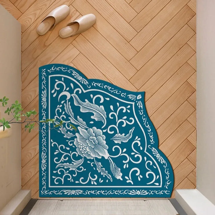 Rynx | Chinese Kitchen Corner Rug Floral Leaf PVC Rug Fan-Shaped Irregular Doormat Retro Elegant Water-Absorbent Doormat Rug