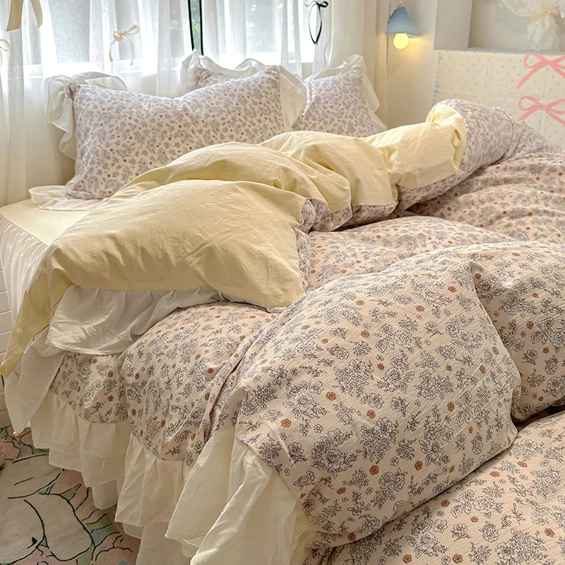 Rynx | Korean Style Flower Bedding Set 2024 New Washed Cotton 4-piece Bed Sheet Set Duvet Cover Set for Girls Bedding Decor Home