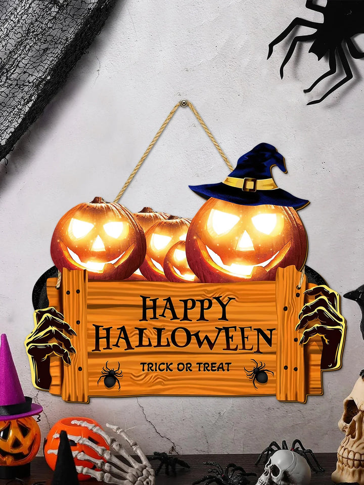 Rynx | Happy Halloween Wooden Sign, Pumpkin with Hat Wooden Sign, Suitable for Home, Wall, Room, Café, Store, Party, Holiday Decoration