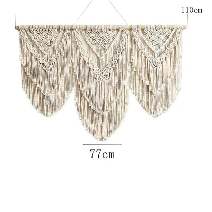 Rynx | Large Macrame Wall Tapestry Handcrafted Cotton Rope Tassel Pendant Wall Hanging Rug with Wooden Stick Handwoven Bohemia Tassel