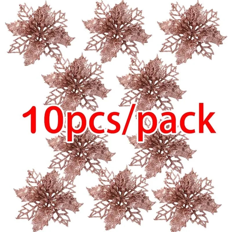 Rynx | (10 pieces) Artificial Christmas Tree Flowers Glitter Decorations Xmas Ornament New Year Gift