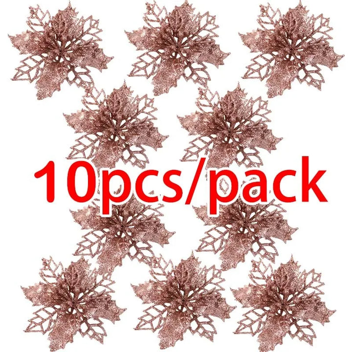 Rynx | (10 pieces) Artificial Christmas Tree Flowers Glitter Decorations Xmas Ornament New Year Gift