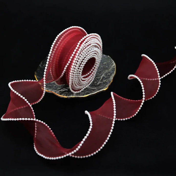 Rynx | (5 Yards/Roll) 4 cm Pearl Edge Organza Ribbon Wave Silk Lace Children Hair Accessories Lolita Handmade Decorative Gift Box Wedding