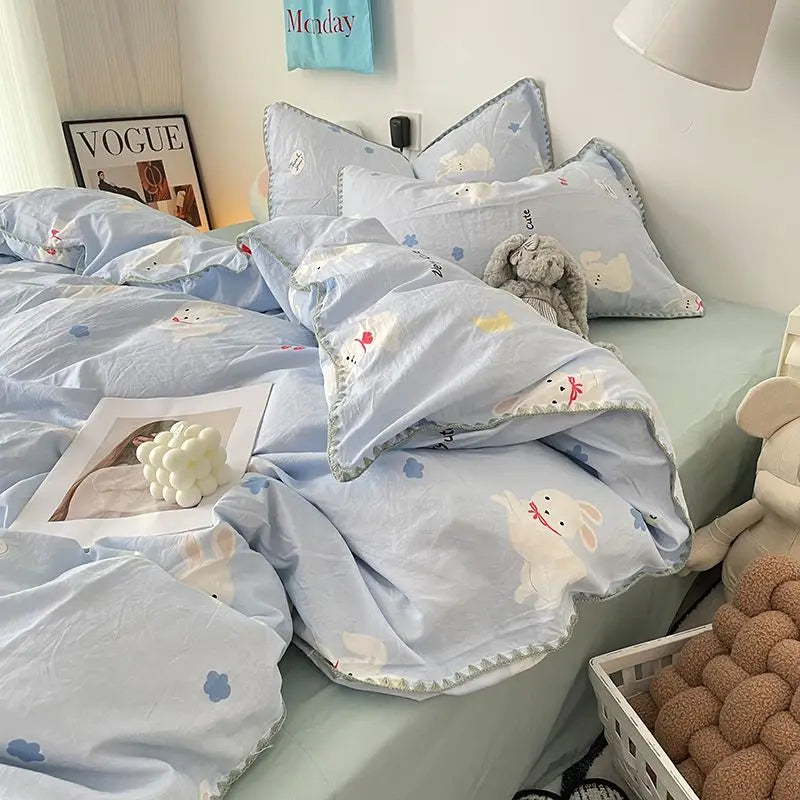Rynx | Bedding Set Flora INS Girls 2024 New Tulip Rabbit Double-layered Bedding Set of four pieces washable cotton Bed Sheets Duvet Cover Set
