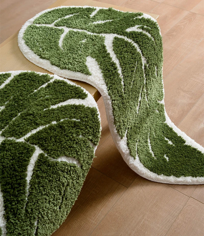 Rynx | Green Leaf Shape Palm Tree Tufted Carpet Soft Plush Rug Doormat Nightstand Rug Room Decoration Non-Slip Absorbent Bathroom Mat