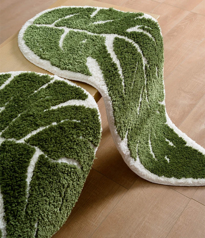 Rynx | Green Leaf Shape Palm Tree Tufted Carpet Soft Plush Rug Doormat Nightstand Rug Room Decoration Non-Slip Absorbent Bathroom Mat