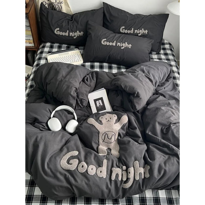 Rynx | Ins Cartoon Bedding Set Teddy Bear Washed Cotton Towel Embroidered Solid Color Bed Sheets Dorm Student Duvet Cover Set