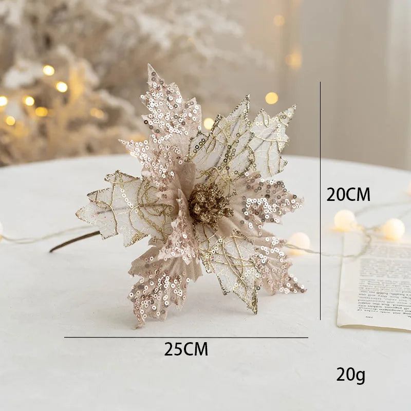 Rynx | 1PC Christmas Gold Silver Artificial Flower Christmas Tree Sequin Artificial Flowers DIY Decorations for Festival Party New Year Decoration
