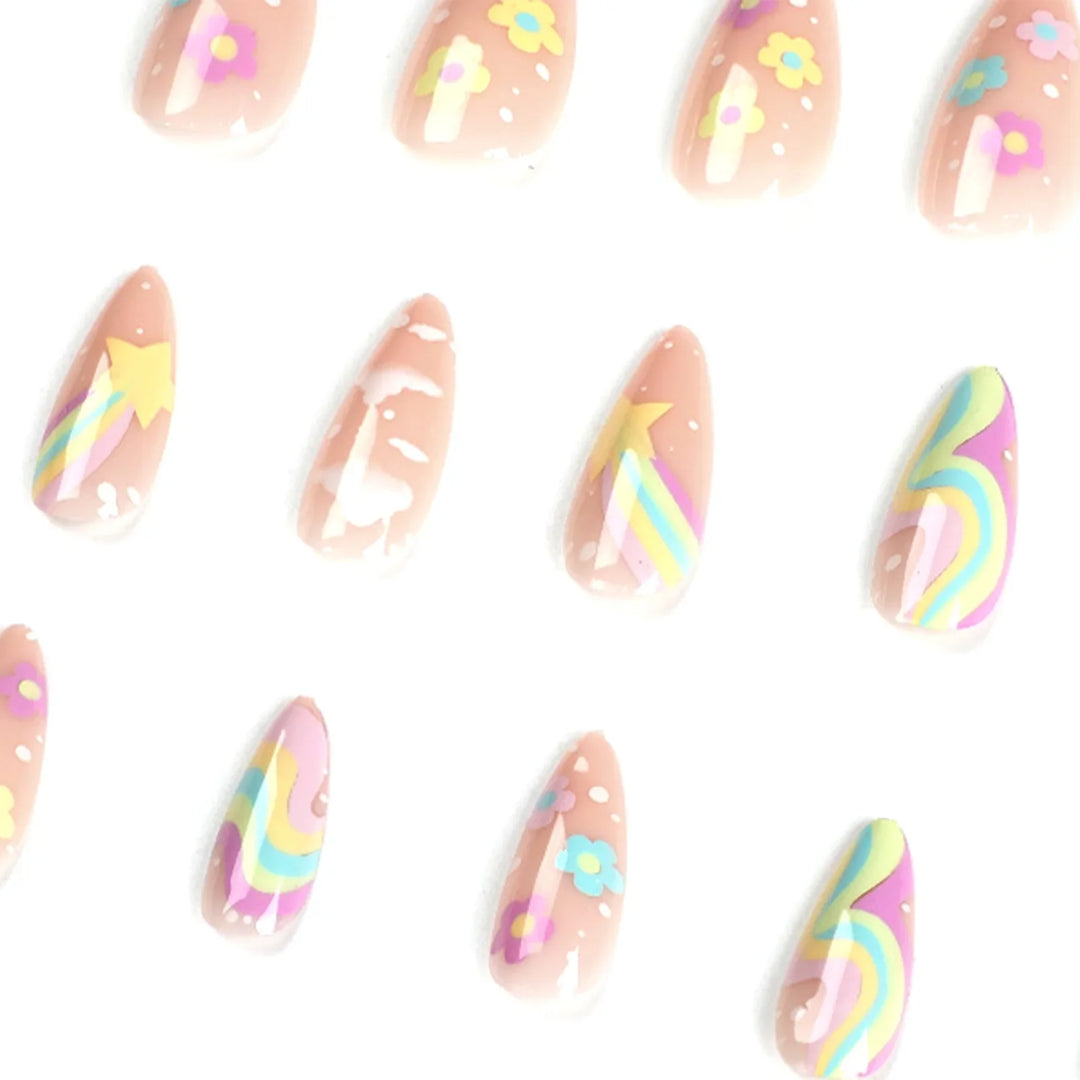 Rynx | 24 pcs. Cute Colorful Artificial Nail Tips for Girls Rainbow Cloud Star Printed Almond Artificial Nails Full Cover Reusable Adhesive Artificial Nails