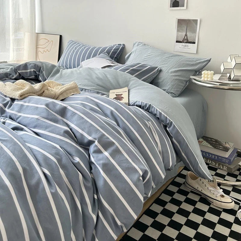 Rynx | Bedding washed cotton striped grid minimalist bed sheet set duvet sets queen duvet double for boys and girls