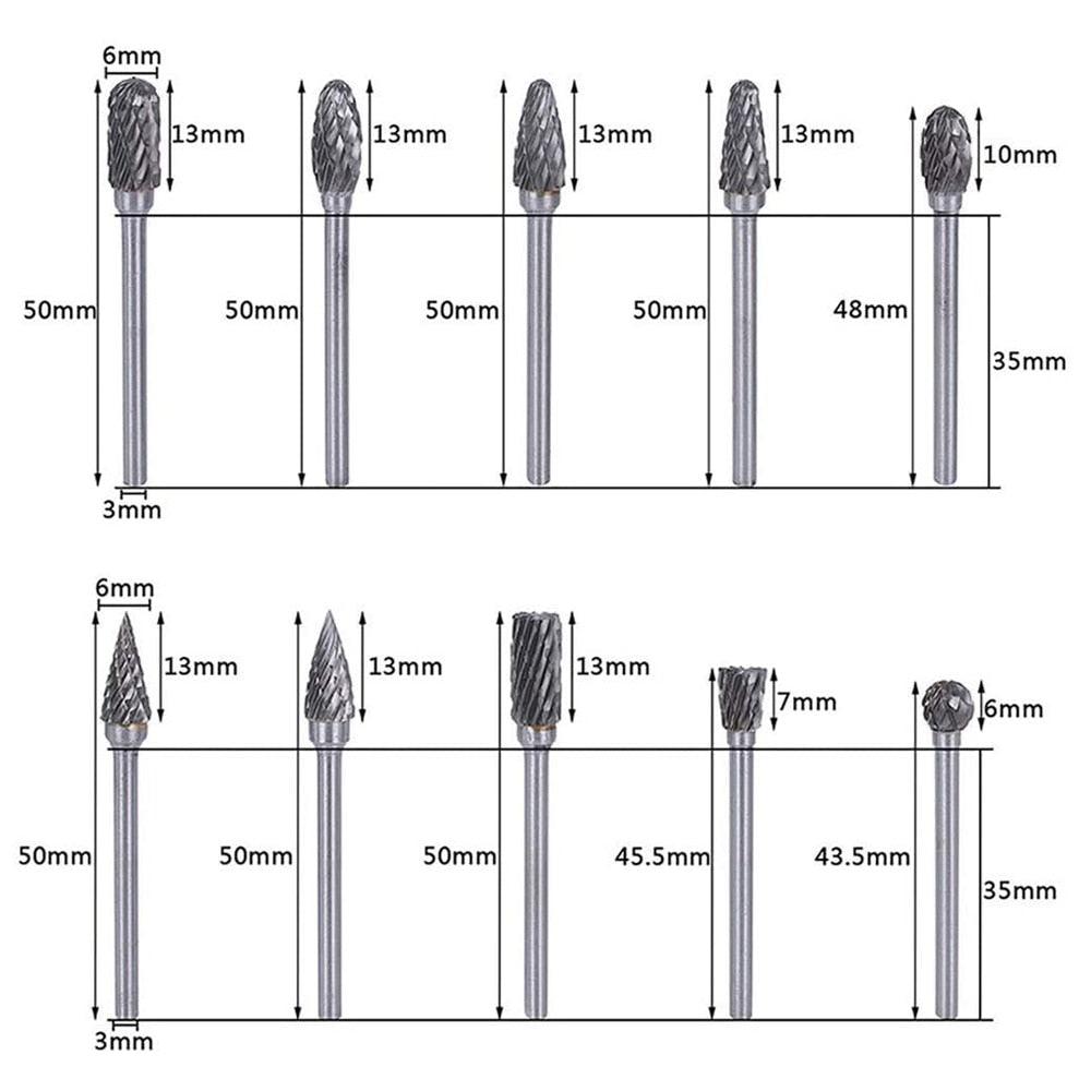 Lisslune | Tungsten Carbide Burr Set for Woodworking: 10-piece Precision Tool Set