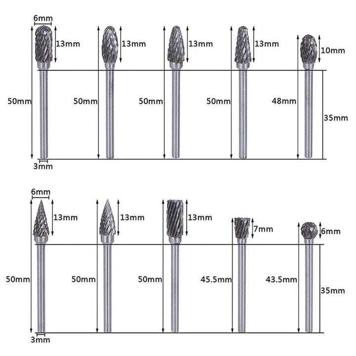 Lisslune | Tungsten Carbide Burr Set for Woodworking: 10-piece Precision Tool Set