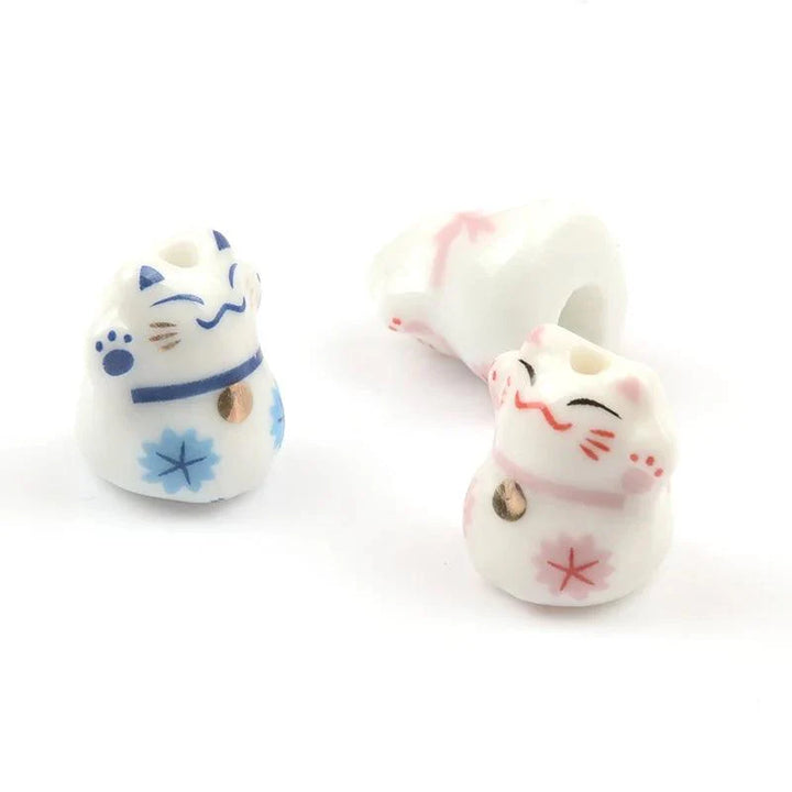Lisslune | Playful Lucky Cat Ceramic Beads Set for Unique Jewelry Creations - 4 Pieces (13x14mm)