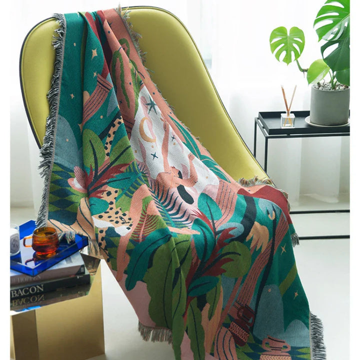 Rynx | Textile City Forest Dancer Throw Blanket Two-Sided Sofa Covers Trend Tassel Jungle Leaves In Home Decorative Tapestry 160x260cm